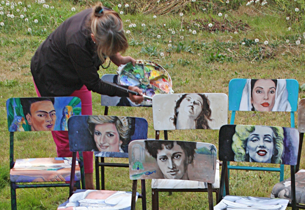 Amarah painting icons - Acrylic on wooden chairs, 2013