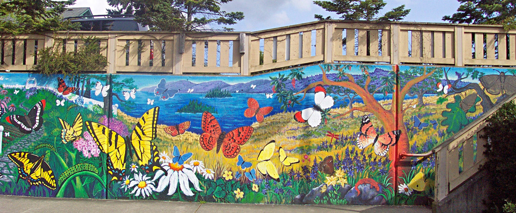 Butterfly Mural-Acrylic on Cement, 7’x 45’ Island Savings Credit Union. Ganges, Salt Spring Island 2006