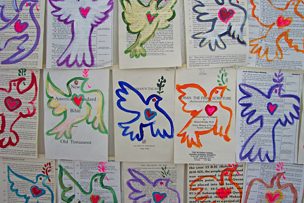 Peace Doves-Detail, Acrylic on Bible, Quran and Talmud pages